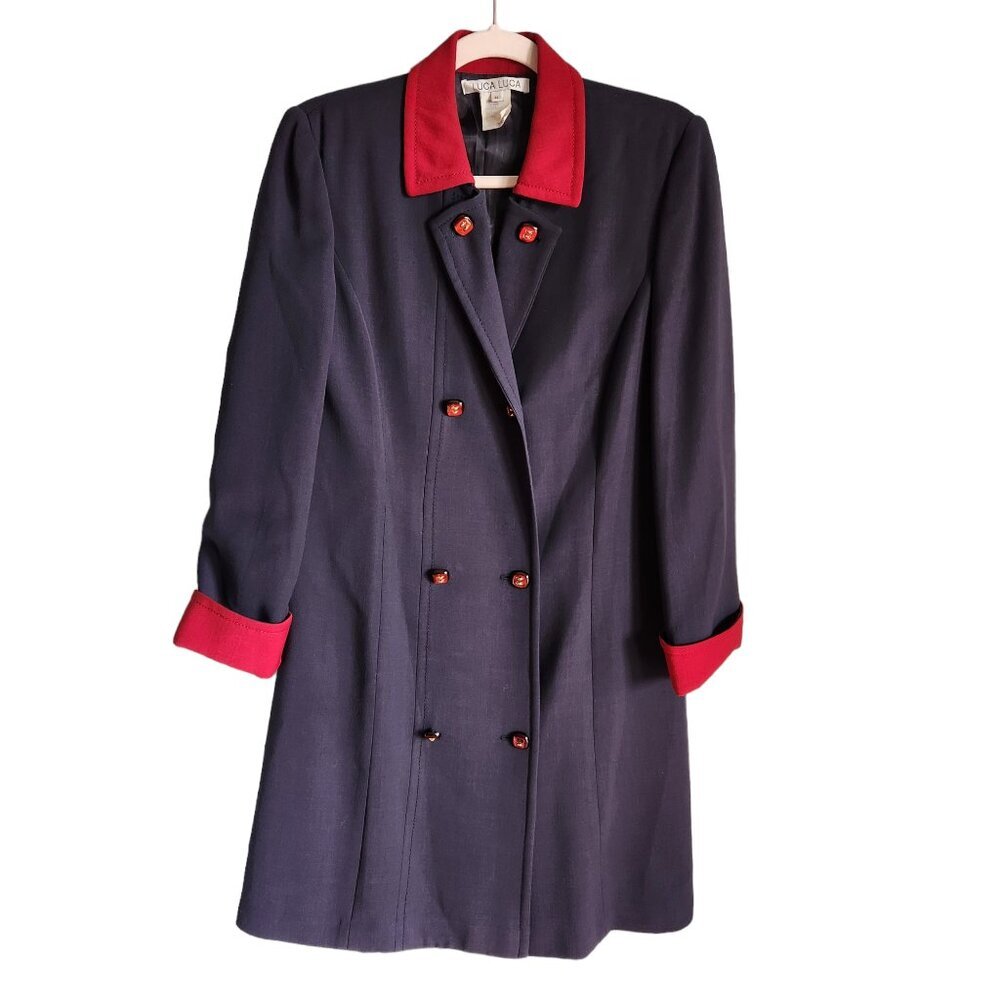 Luca Luca Blazer Women's 44 Medium Blue Red Wool Longline Double Breasted Jacket